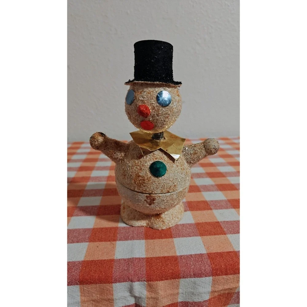 VINTAGE Paper Mache‎ Snowman West GERMANY Candy Holder cardboard mica 1930s